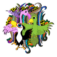 Tropical birds. Tukan, parrot, flamingo, hummingbird, bright, hand-drawn, psychedelic background © Korinsky