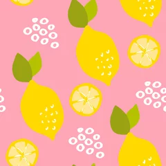Deurstickers Citroen Fruitpatroon met citroenen en citroenschijfjes op roze achtergrond. Ornament voor textiel en verpakking. Vector.