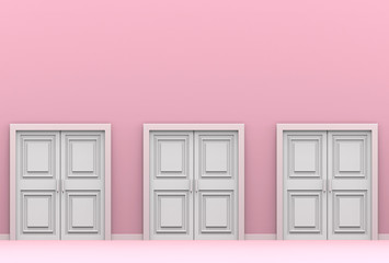 3d rendering. three white wood doors on pink cement wall background. choosing the future concept.