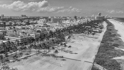 Panoramic aerial view of Miami Beach coastline and skyline, Florida