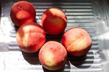 水洗いした旬の桃に陽射しが