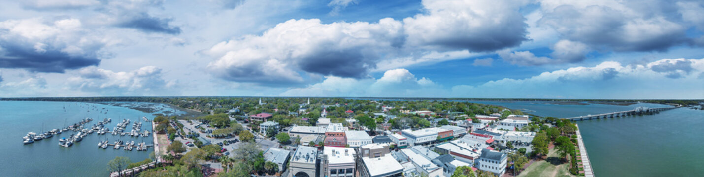 Aerial sunset view of Beaufort, South Carolina. Panoramic picture from drone perspective