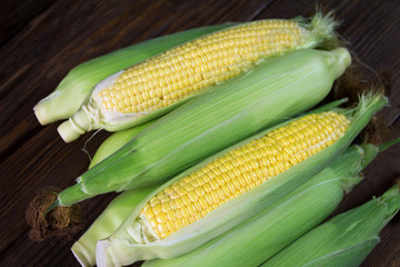Freshly picked unpolished corn on a wooden background