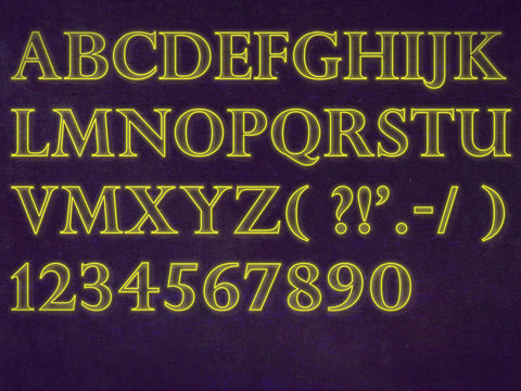 Vector neon tube yellow light letters font on forest dark background