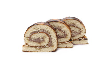 Chocolate roll slices with cocoa cream isolated on white background