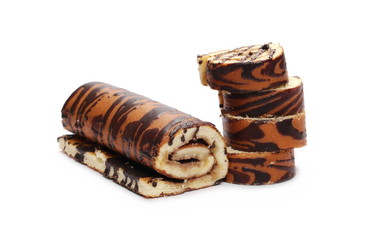 Chocolate roll slices with cocoa cream isolated on white background
