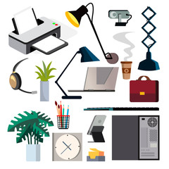 Office Equipment Set Vector. PC, Smartphone, Printer. Icons. Business Workplace. Stationery. Office Things. Isolated Flat Illustration