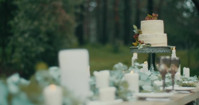 Beautiful delicious two-tiered cake with red berries at table decorated with candles, leves and flowers. Romantic dinner in misty forest. 4k.