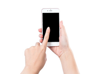Concept of woman's hand holding a smartphone and pointing with figer isolated on white background, clipping path, blank for webpage or message.