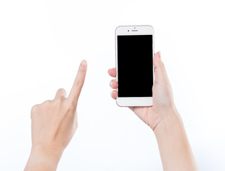 Concept of woman's hand holding a smartphone and pointing with figer isolated on white background, clipping path, blank for webpage or message.