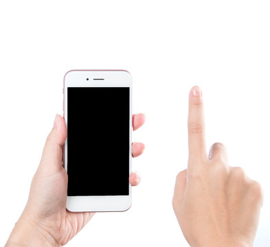 Concept of woman's hand holding a smartphone and pointing with figer isolated on white background, clipping path, blank for webpage or message.