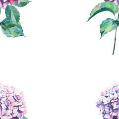 Beautiful bright elegant autumn wonderful colorful tender gentle pink herbal floral hydrangea flowers with green leaves frame watercolor hand illustration. Perfect for greetings card, textile