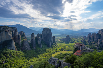 Fototapeta na wymiar Meteora Beautiful Stone shapes and Mountains with Monastery on them in Greece