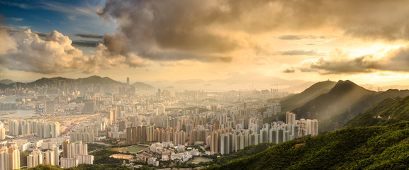 cityscape skyline at sunset in Hong Kong