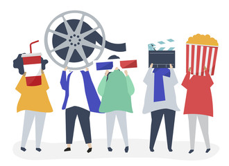Characters of people holding movie icons illustration