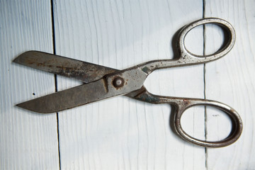 Tool old scissors lie on white wooden surface.