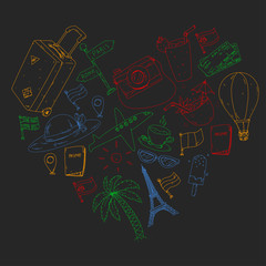 Vector pattern with travel icons. Get ready for adventures and travel. Great vacation, holidays. Hot air balloon, suitcase, airplane