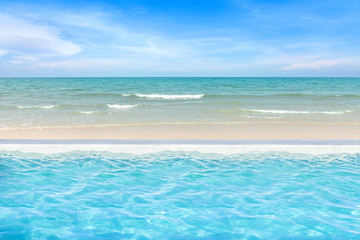Fototapeta premium View of nice Tropical beach blue ripple curl water in swimming pool with sky and Horizon at spa resort in Hua Hin Thailand. Holiday and vacation relaxing concept.Blue sea ocean water