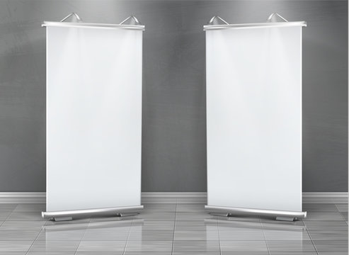 Vector realistic set of blank roll up banners, vertical stands for exhibition and business presentations, isolated on gray background. Mockup with white boards, roll-up displays for commercial ads