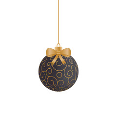 Vector Christmas background with black and gold hanging Christmas ball with golden bow.