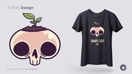 Skull with sprout t-shirt design. Print for clothes, posters or souvenirs. Vector