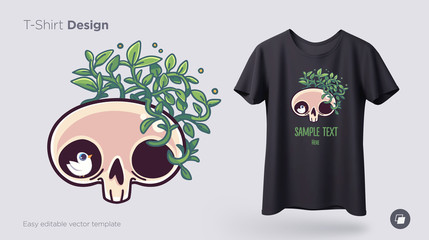 Skull overgrown with a plant t-shirt design. Print for clothes, posters or souvenirs. Vector