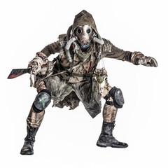 Dangerous, mysterious post apocalypse creature, global ecological disaster survivor in tatter, gas...