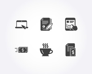 Set of Internet report, Portable computer and Coffee icons. Copywriting, Money transfer and Payment signs. Web tutorial, Notebook device, Cappuccino. Ð¡opyright signature, Cash delivery, Cash money