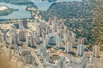 Naklejka na ściany i meble Aerial view apartment buildings complex and residential houses neighborhood. Top view of the modern luxery residential complex in Kiev, Ukraine