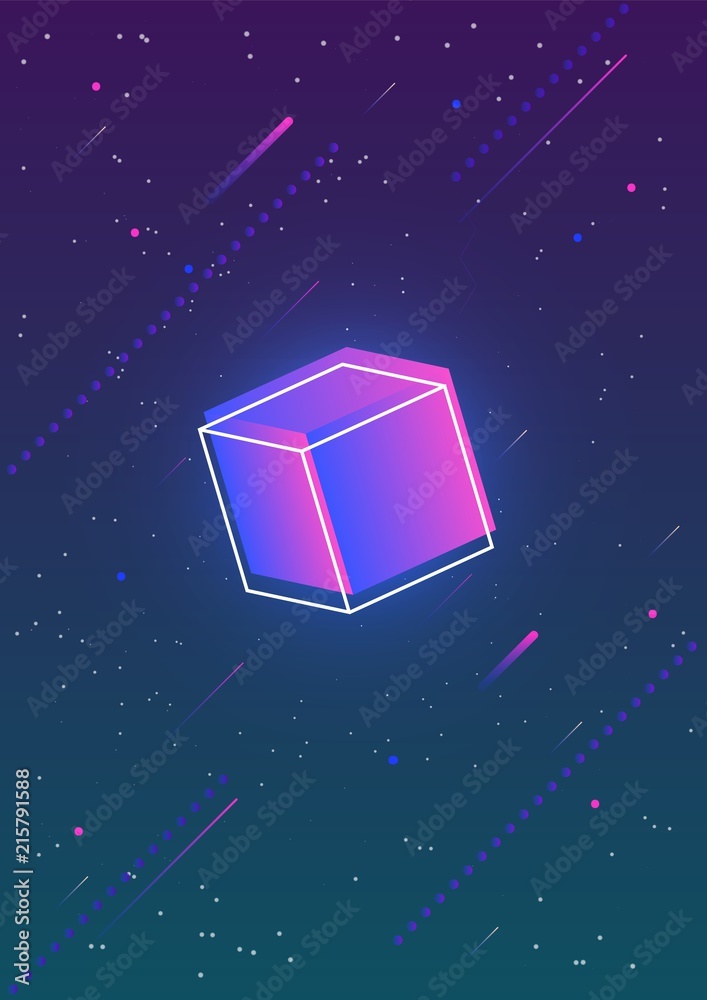 Poster Abstract vertical backdrop with glowing gradient colored cube and its outline against gorgeous night sky full of stars or outer space on background. Vector illustration in contemporary art style.