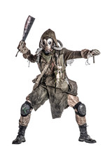 Aggressive and evil humanoid monster or creature of post apocalyptic, poisoned by dangerous pollution world wearing tattered rags and gas mask, brandishing bloodstained machete studio shoot on white
