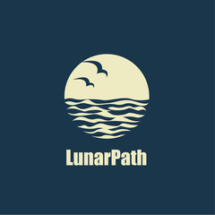 abstract design of ocean logo with moon, waves and seagulls