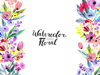 Watercolor Floral Background. Hand painted border of flowers. Painting isolated on white and brush lettering. Rose, poppy and peony illustration Spring blossom
