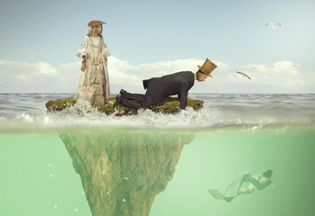 A man and a girl in grotesque Victorian clothes on a fairy island in the middle of the sea. - obrazy, fototapety, plakaty