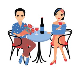 Pair of young man and woman sitting at table and drinking red wine together. Couple in love at romantic date or meeting. Boy and girl at restaurant or cafe. Flat cartoon colorful vector illustration.
