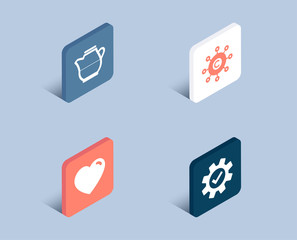 Set of Heart, Milk jug and Copywriting network icons. Service sign. Love feelings, Fresh drink, Content networking. Cogwheel gear.  3d isometric buttons. Flat design concept. Vector