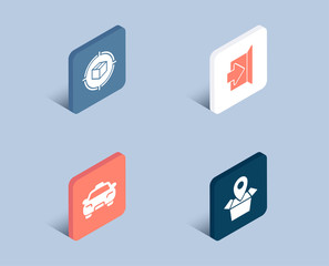 Set of Parcel tracking, Exit and Taxi icons. Package location sign. Box in target, Escape, Passengers transport. Delivery tracking.  3d isometric buttons. Flat design concept. Vector