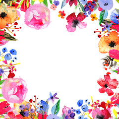 Watercolor Floral Background. Hand painted border of flowers. Good for invitations and greeting cards. Frame isolated on white. Rose, poppy and peony illustration Spring blossom