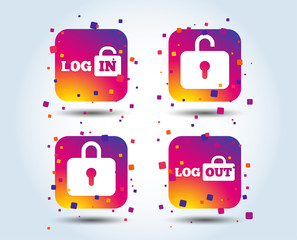 Login and Logout icons. Sign in or Sign out symbols. Lock icon. Colour gradient square buttons. Flat design concept. Vector