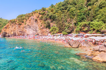 View of Mogren - the most picturesque beach of the Adriatic in the city of Budva, Montenegro, Europe. Budva is one of the best and most popular resorts of the Adriatic Riviera.
