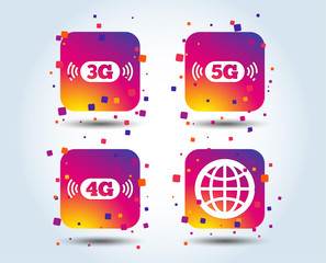 Mobile telecommunications icons. 3G, 4G and 5G technology symbols. World globe sign. Colour gradient square buttons. Flat design concept. Vector