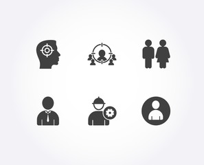 Set of Business targeting, Recruitment and Engineer icons. Human, Restroom and Avatar signs. People and target aim, Headhunter aim, Worker with cogwheel. Person profile, Wc toilet, User profile