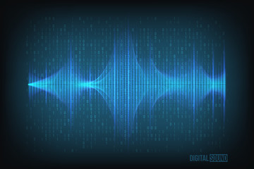 Vector blue shiny sound wave on dark blue technology background. 
