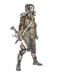 Survivor inhabitant of contaminated by nuclear catastrophe or dangerous chemical pollution world, in tatters and gas mask, standing with handmade firearm gun, isolated on white background studio shoot
