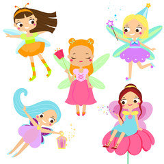 Cute fairy set. Beautiful girl in fying fairy costumes. Winged elf princesses in cartoon style