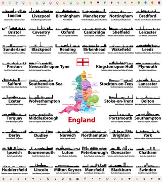 England cities skylines icons with names of city, region and ceremonial county. Flag and map of England