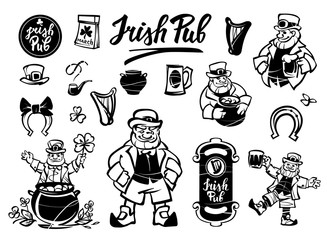 Set of illustrations of the leprechaun. Leprechaun and St. Patrick's day symbols