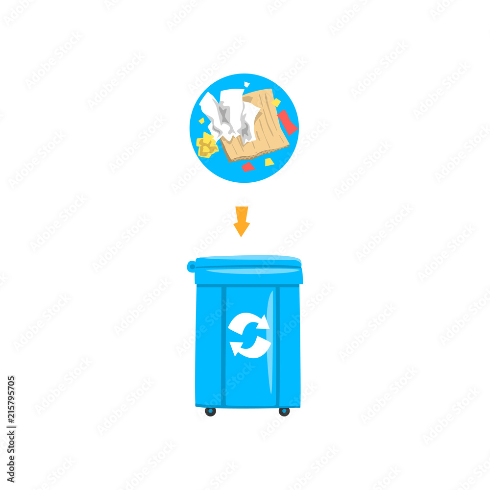 Wall mural Blue trash garbage can with sorted garbage, recycling garbage industry vector Illustration