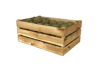 3D render of wooden box. Full of kiwi fruit. Isolated on white background.