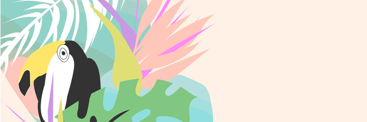 Tropical collage pattern banner in hawaiian style with toucan bird and exotic floral decoration elements. Colorful summer background made in vector © Anna Sokol